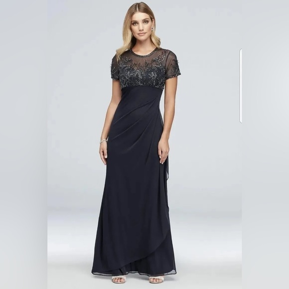Xscape Dress Navy Blue Illusion Beaded Chiffon Ruched Gown NWT Formal - Picture 2 of 11